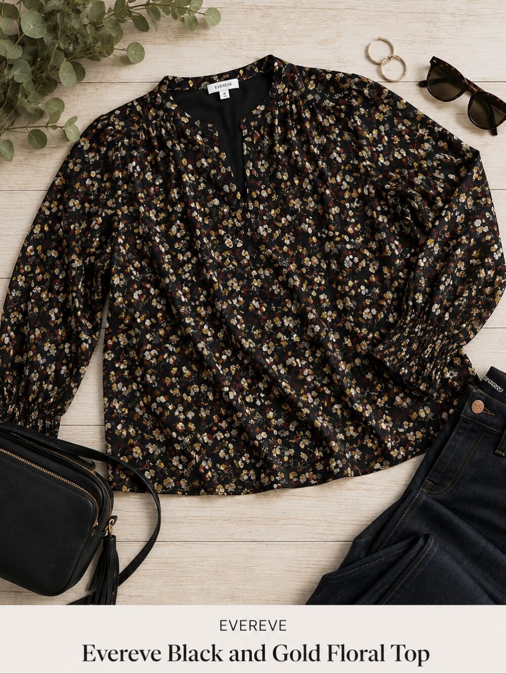 Evereve Black and‎ Gold Floral Top